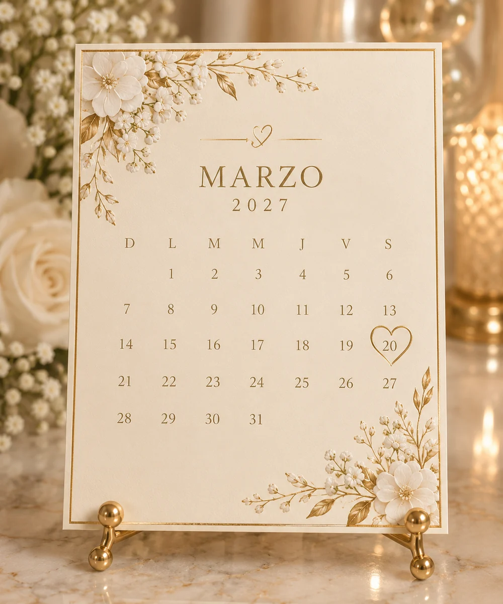 Calendario de marzo 2027 con un corazón dorado en el día 20